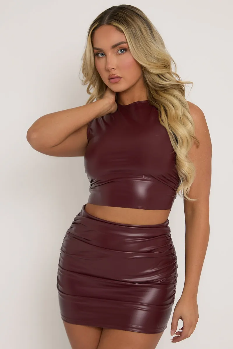 Burgundy Faux Leather Mini Skirt and Crop Top Co-ord - Nicki sold by Rebellious Fashion product image thumbnail 4