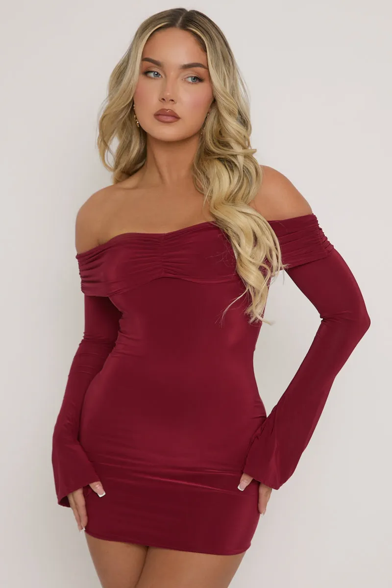 Wine Fold Over Bardot Mini Dress - Shawna sold by Rebellious Fashion