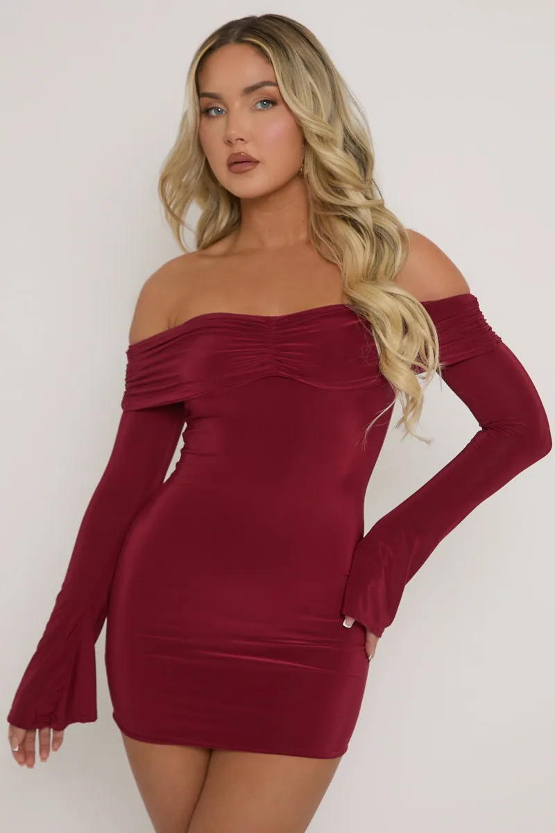 Wine Fold Over Bardot Mini Dress - Shawna sold by Rebellious Fashion product image thumbnail 4