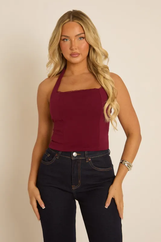Wine Lace Trim Halter Top - Karlee sold by Rebellious Fashion