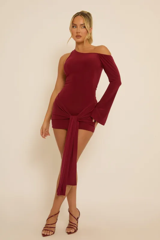 Wine One Shoulder Slinky Wrap Mini Dress - Trudy sold by Rebellious Fashion