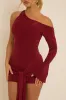 Wine One Shoulder Slinky Wrap Mini Dress - Trudy sold by Rebellious Fashion