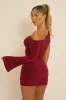 Wine One Shoulder Slinky Wrap Mini Dress - Trudy sold by Rebellious Fashion