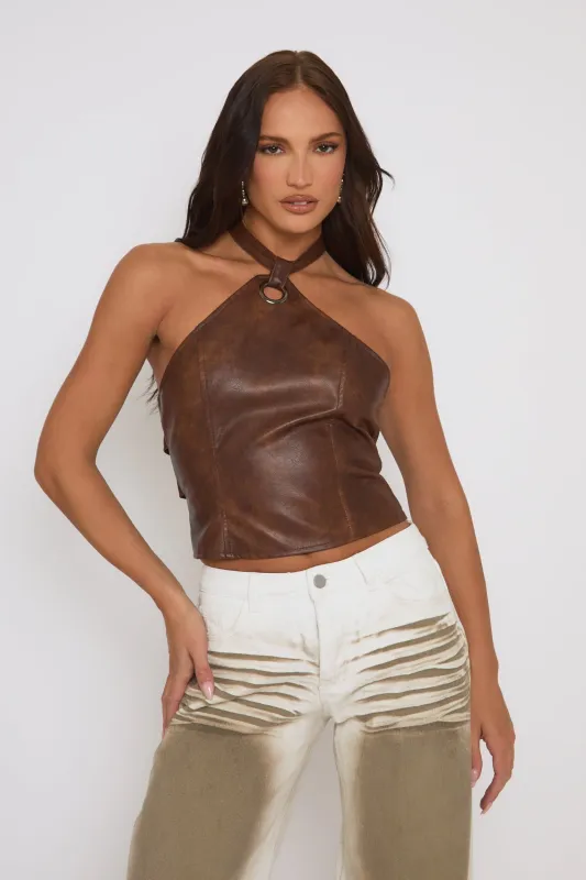 Brown Faux Leather Halter Top - Margie sold by Rebellious Fashion