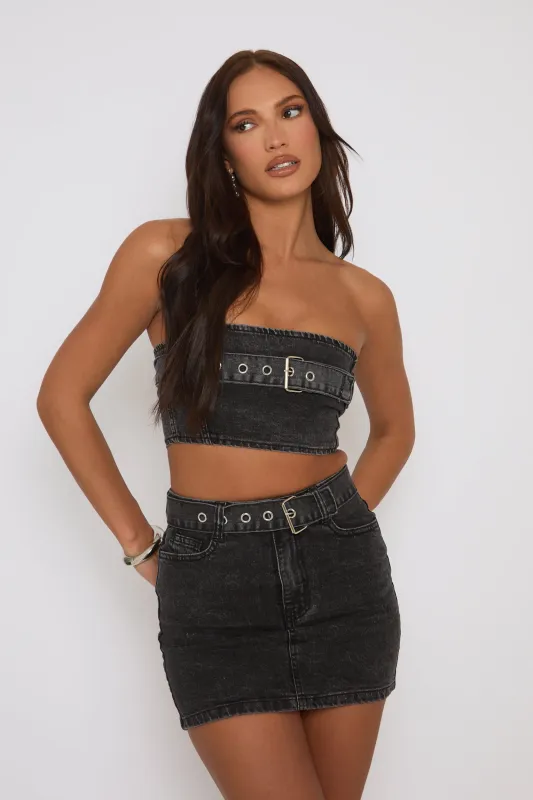 Charcoal Denim Bandeau Crop Top and Mini Skirt Co-Ord - Elianna sold by Rebellious Fashion