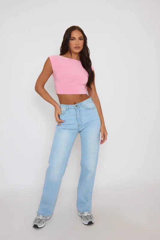 Washed Blue Stretch Wide Leg Jean - Samantha sold by Rebellious Fashion