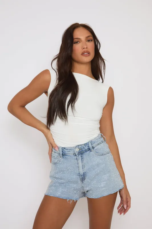 Blue Distressed Hem Diamante Shorts - Patsy sold by Rebellious Fashion