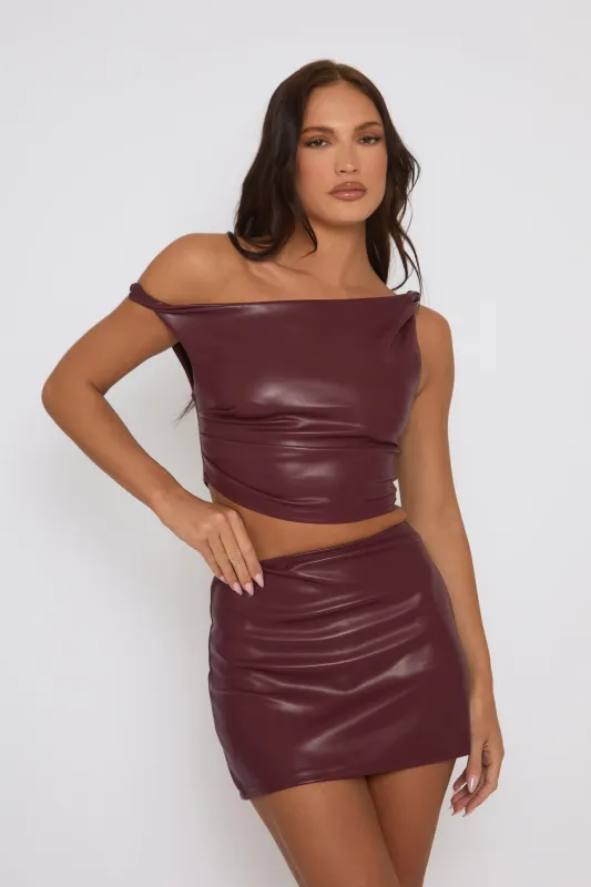 Burgundy Faux Leather Off Shoulder Crop Top and Mini Skirt Co-ord - Moira sold by Rebellious Fashion