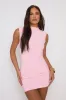 Pink High Neck Shoulder Pad Ruched Mini Dress - Selma sold by Rebellious Fashion
