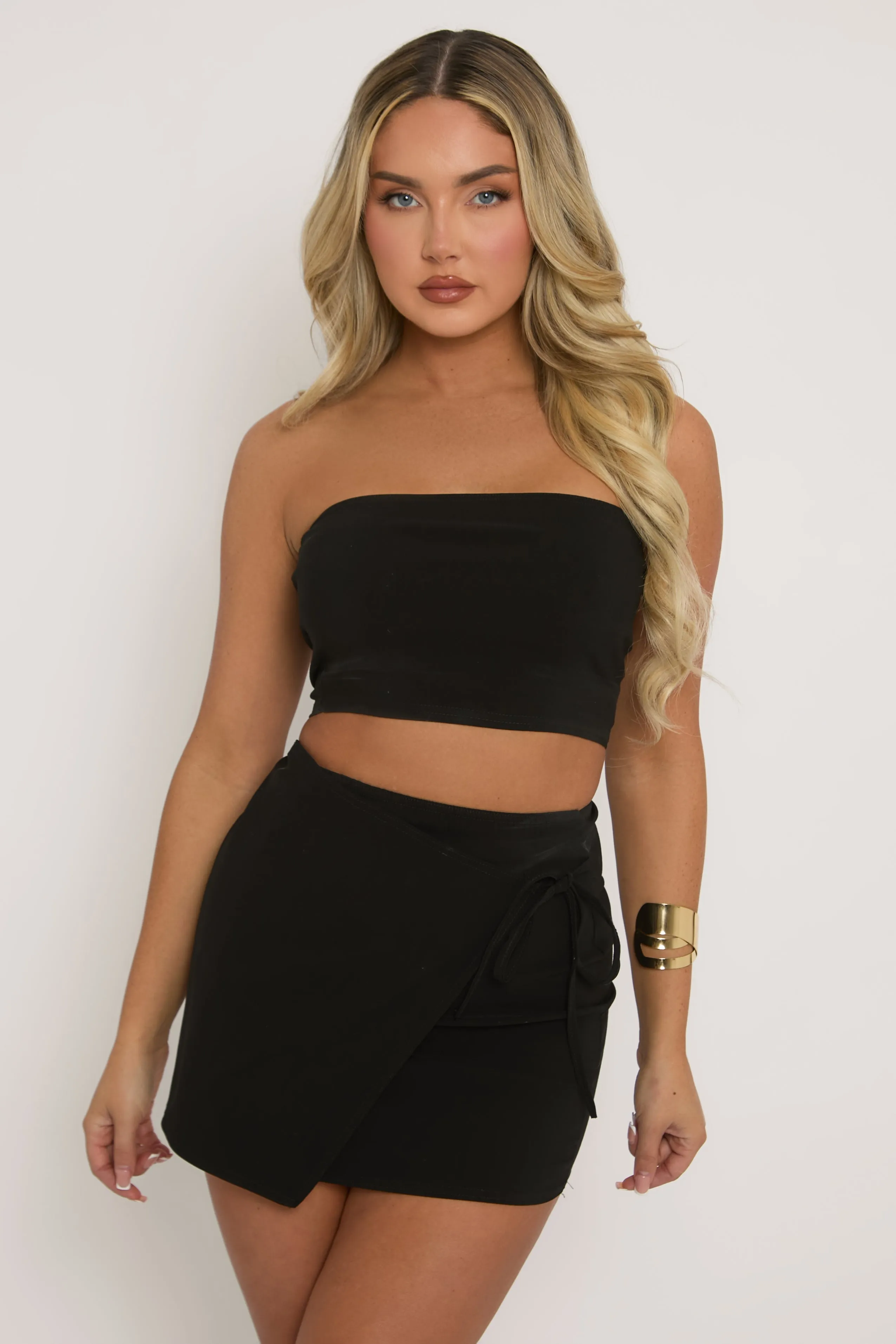 Black Bandeau & Wrap Mini Skirt Co-ord Set - Sheena sold by Rebellious Fashion product image thumbnail 4