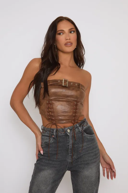 Tan Faux Leather Lace Front Bandeau Top - Sarina sold by Rebellious Fashion