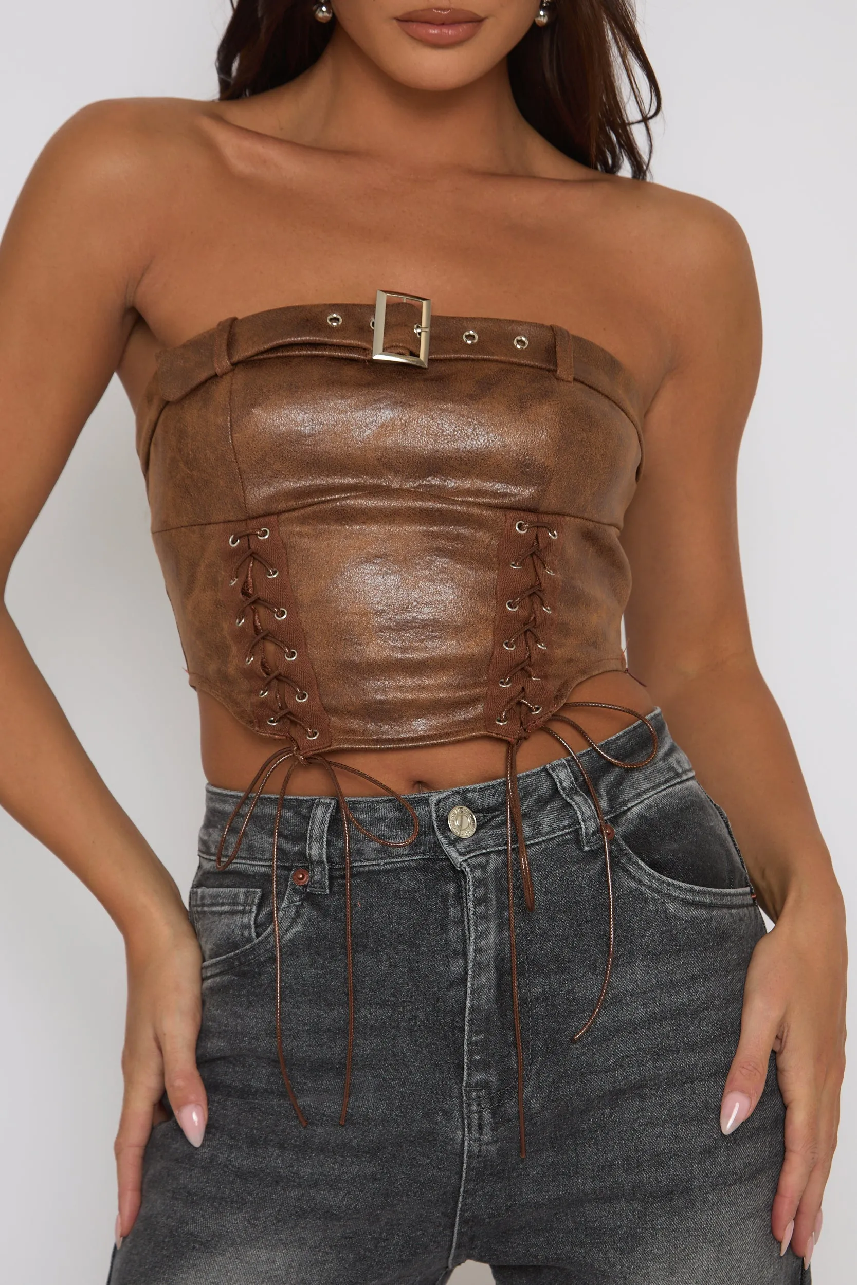 Tan Faux Leather Lace Front Bandeau Top - Sarina sold by Rebellious Fashion product image thumbnail 4