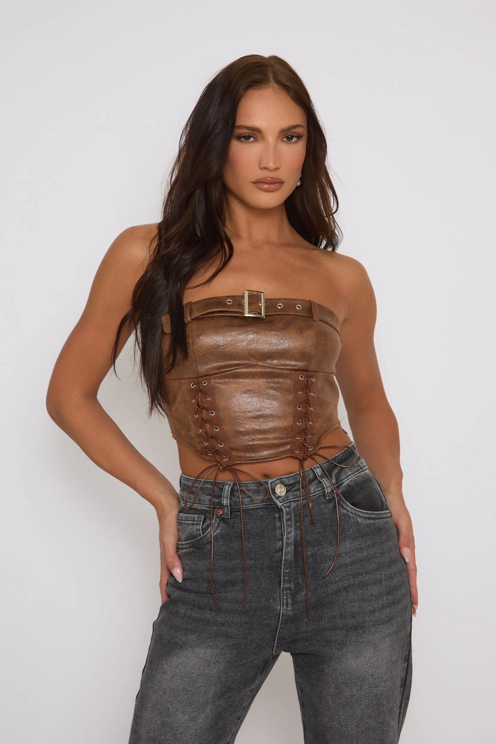 Tan Faux Leather Lace Front Bandeau Top - Sarina sold by Rebellious Fashion product image thumbnail 2