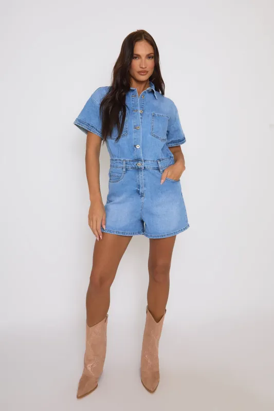 Light Blue Denim Playsuit - Betsy sold by Rebellious Fashion