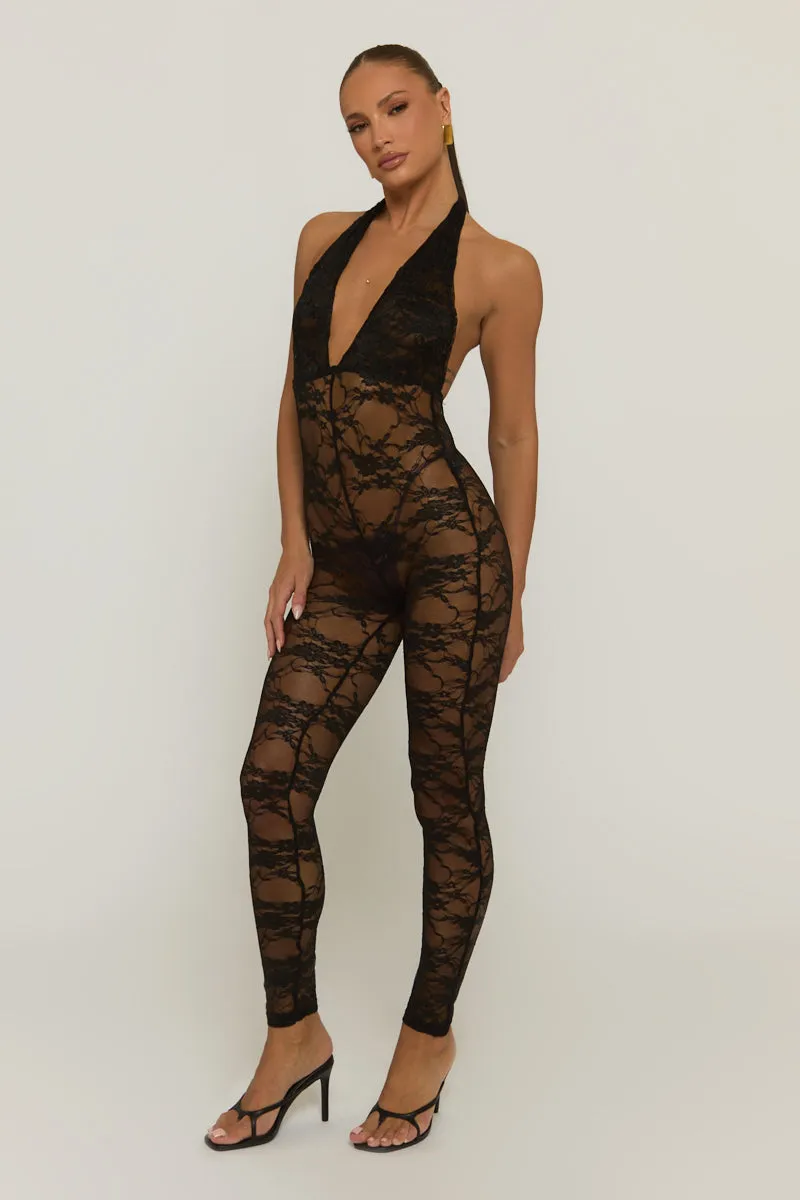 Black Lace Plunge Jumpsuit - Roberta sold by Rebellious Fashion product image thumbnail 2