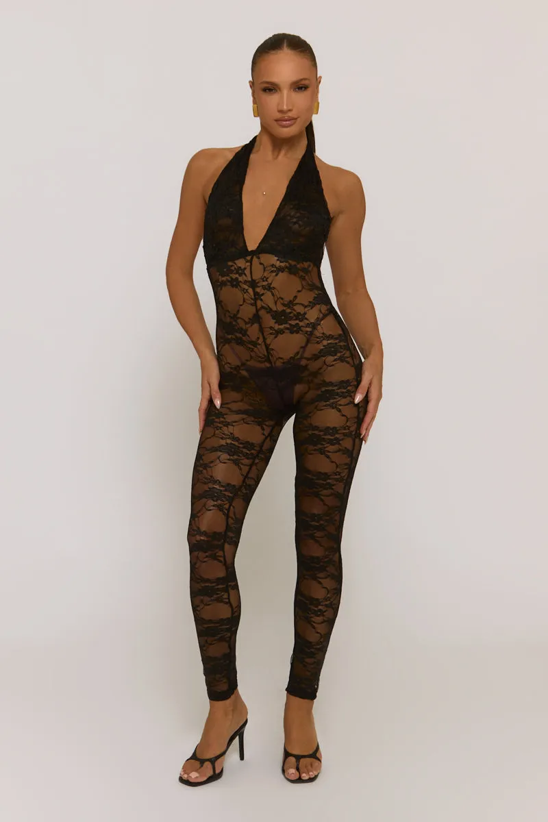 Black Lace Plunge Jumpsuit - Roberta sold by Rebellious Fashion