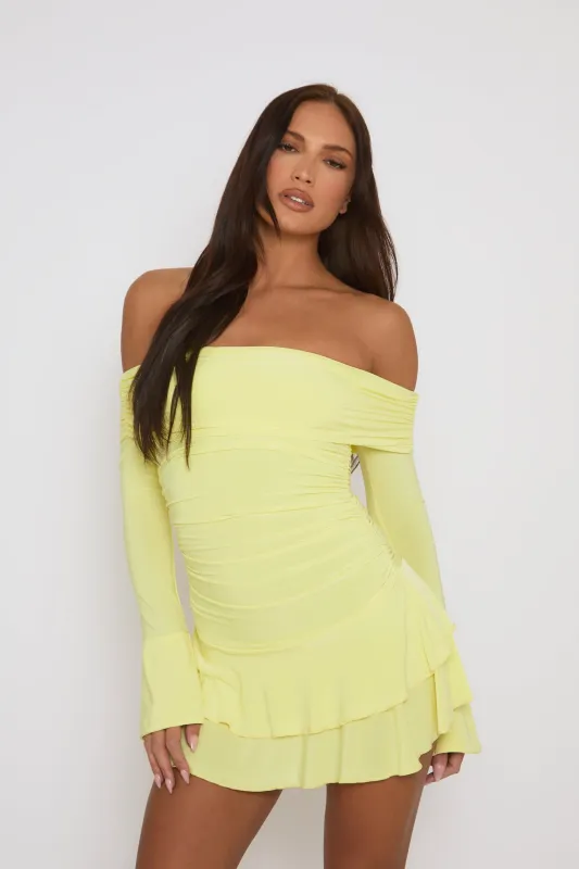 Lemon Bardot Ruffle Frill Hem Mini Dress - Lotty sold by Rebellious Fashion
