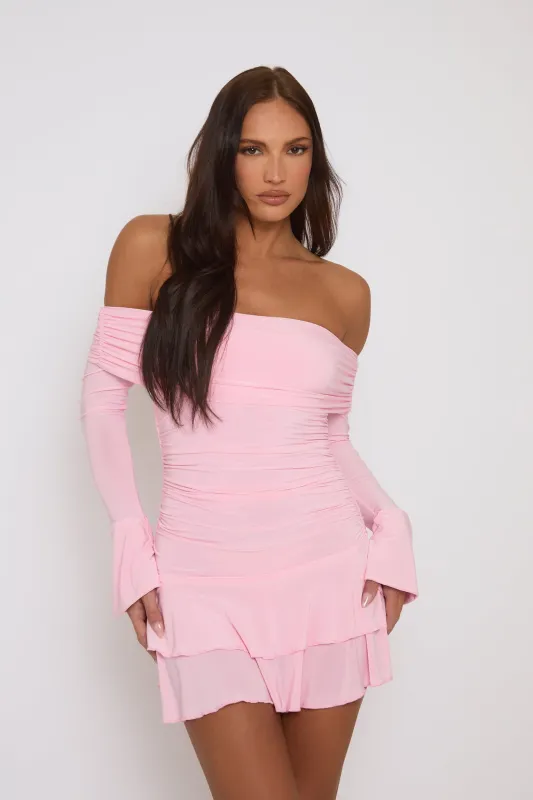 Pink Bardot Ruffle Frill Hem Mini Dress - Lotty sold by Rebellious Fashion