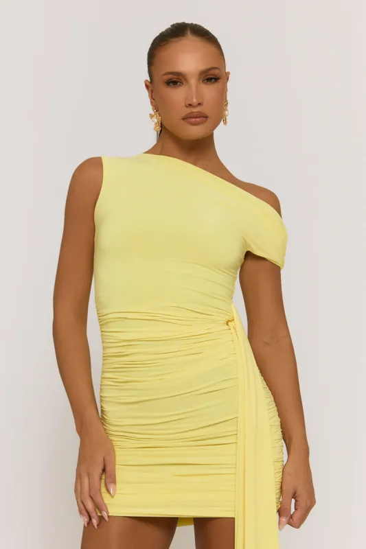 Yellow Slinky Off Shoulder Drape Mini Dress - Olivia sold by Rebellious Fashion