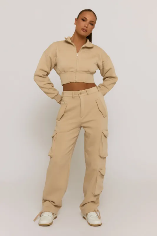 Beige Marl Cropped Cargo Lounge Co-ord Set - Lizzie sold by Rebellious Fashion