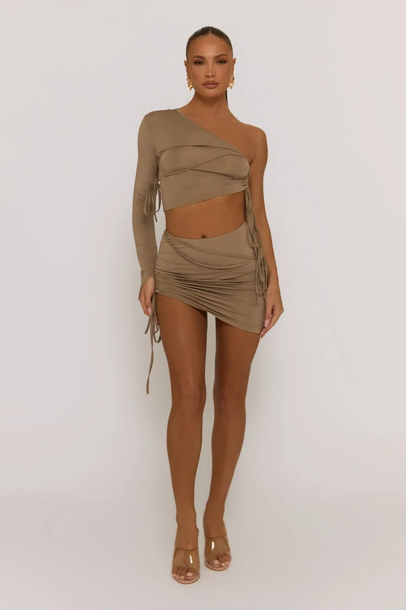 Grey Ruched One Sleeve Crop Top Mini Skirt Co-ord - Chicago sold by Rebellious Fashion product image thumbnail 2
