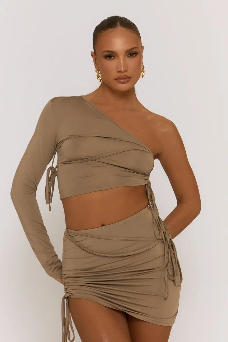 Grey Ruched One Sleeve Crop Top Mini Skirt Co-ord - Chicago sold by Rebellious Fashion