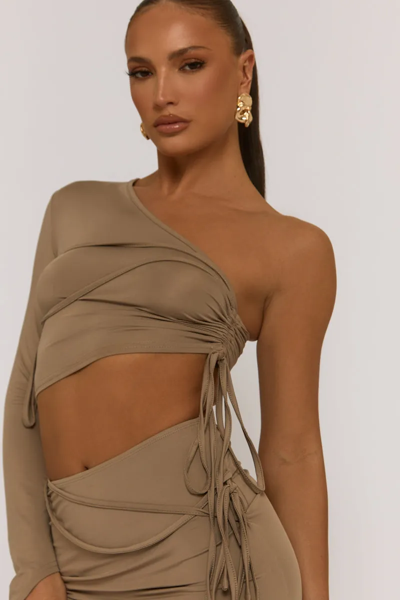 Grey Ruched One Sleeve Crop Top Mini Skirt Co-ord - Chicago sold by Rebellious Fashion product image thumbnail 3