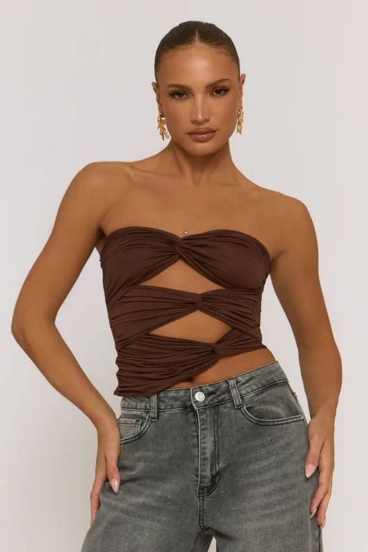 Brown Twist Cut Out Bandeau Crop Top - Porto sold by Rebellious Fashion
