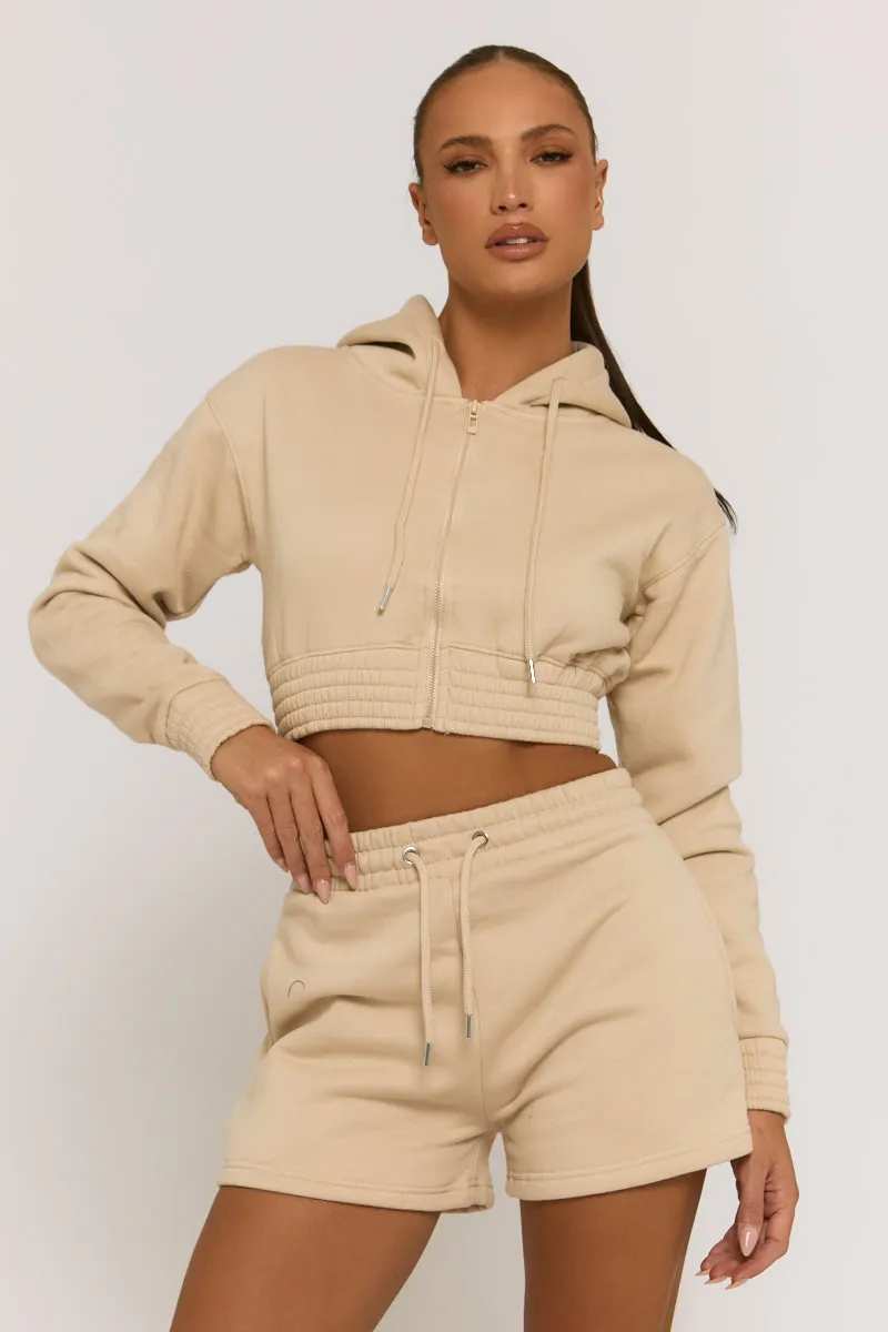 Beige Zip Through Hoodie and Short Lounge Set - Frances sold by Rebellious Fashion
