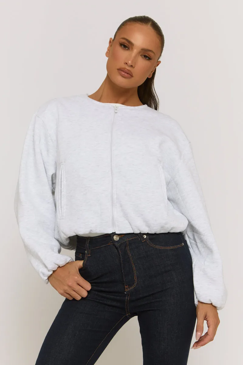 Grey Marl Collarless Lightweight Bomber Jacket - Averil sold by Rebellious Fashion