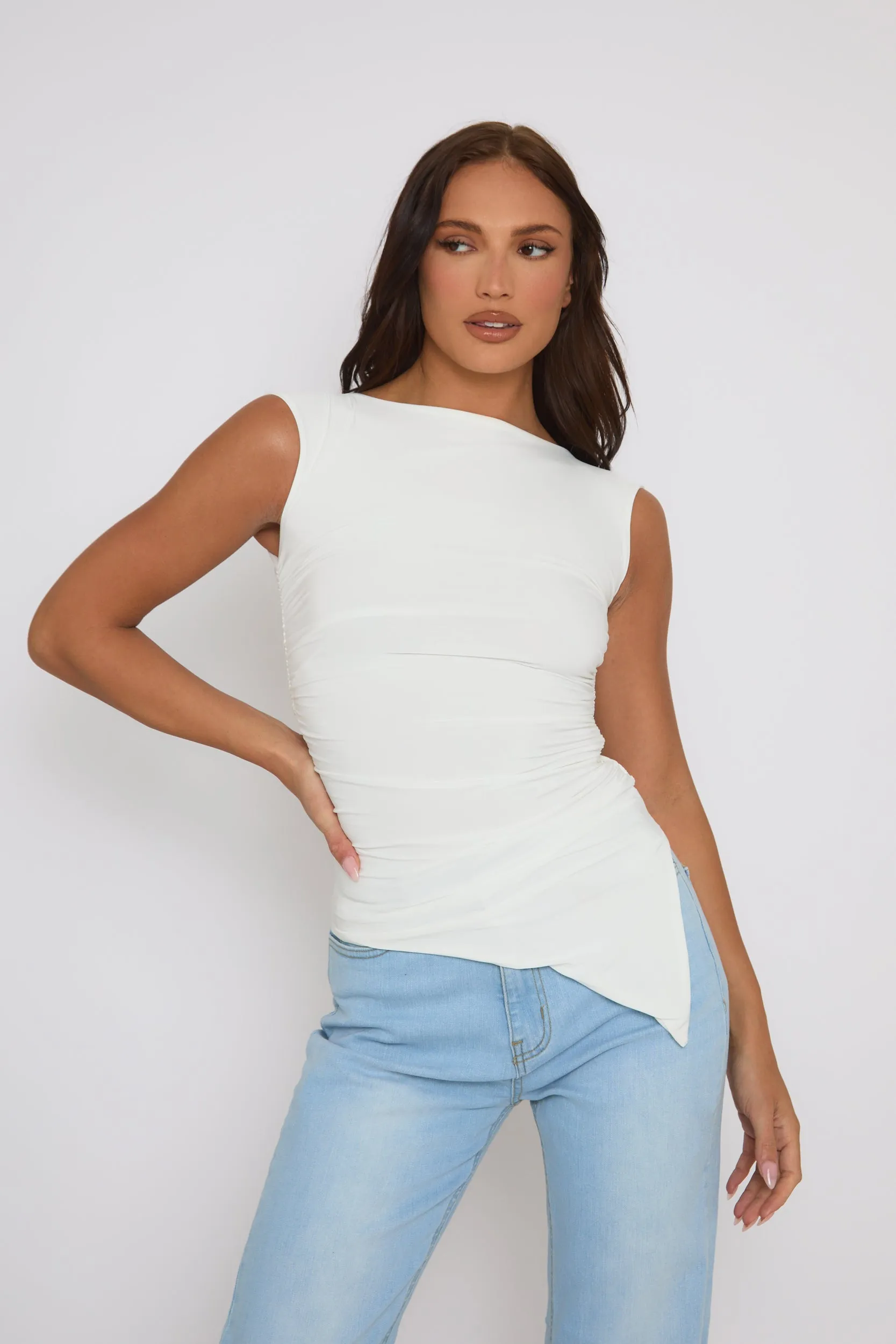 White Asymmetric Ruched Top - Chester sold by Rebellious Fashion product image thumbnail 2