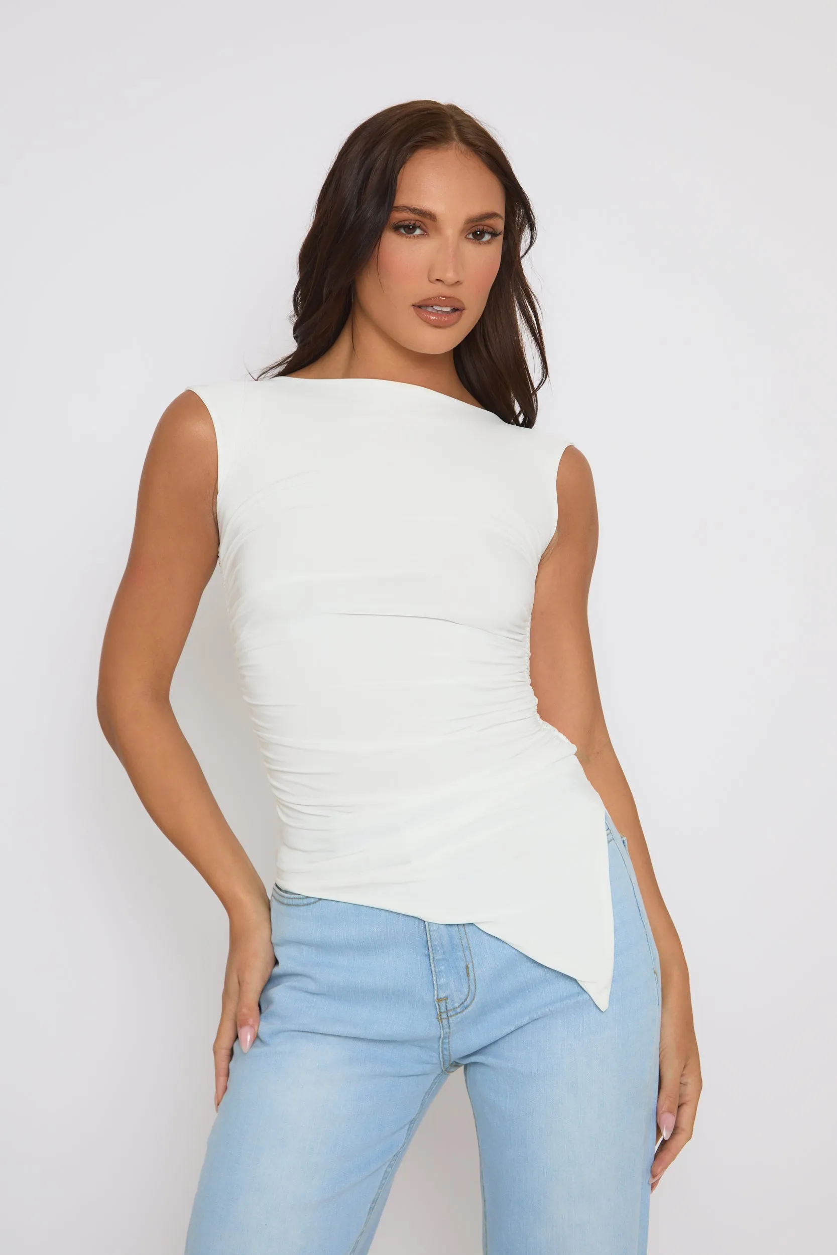 White Asymmetric Ruched Top - Chester sold by Rebellious Fashion