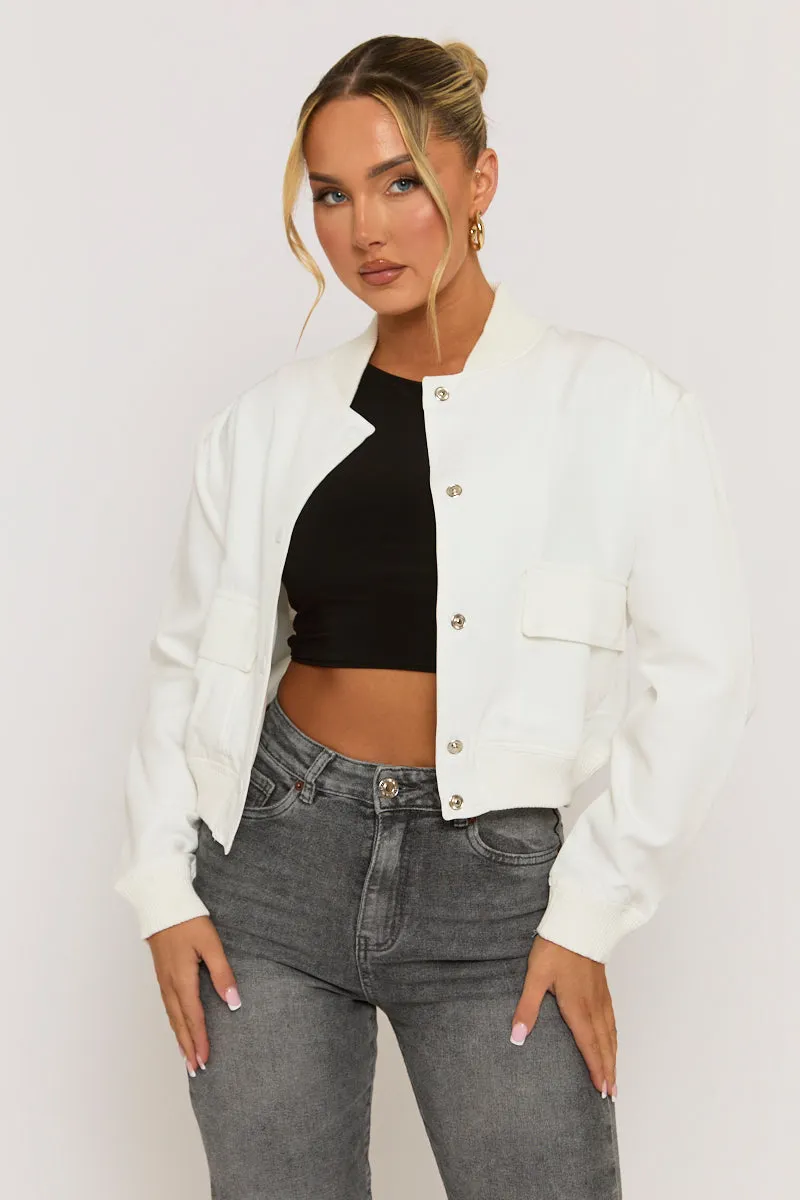 White Pocket Detail Bomber Jacket - Estelle sold by Rebellious Fashion