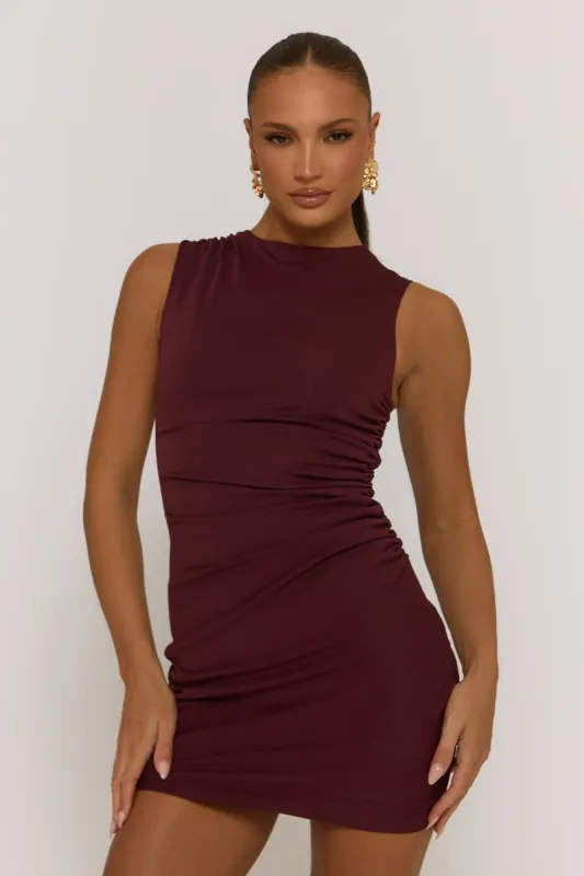 Wine Ruched Side Shift Mini Dress - Irina sold by Rebellious Fashion