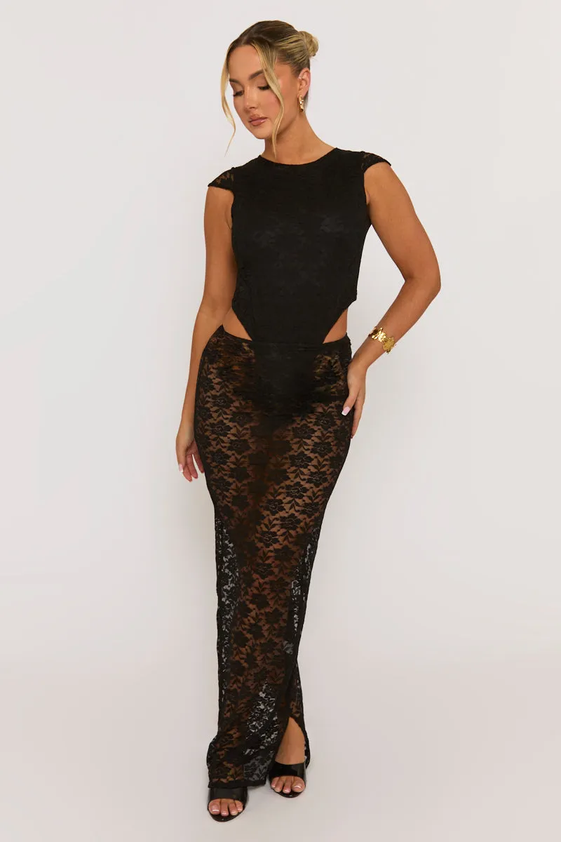 Black Lace Bodysuit and Maxi Skirt Co-Ord Set - Marya sold by Rebellious Fashion product image thumbnail 2