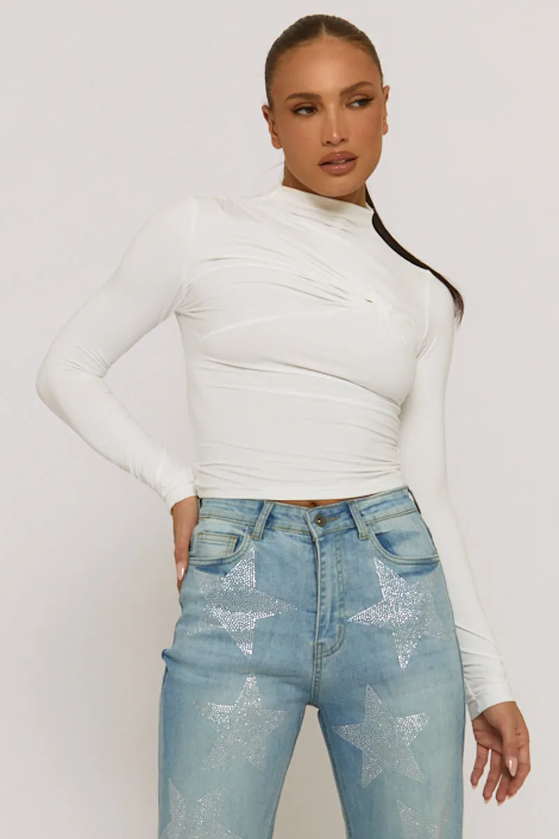 White Twist Detail Long Sleeve Top - Maria sold by Rebellious Fashion