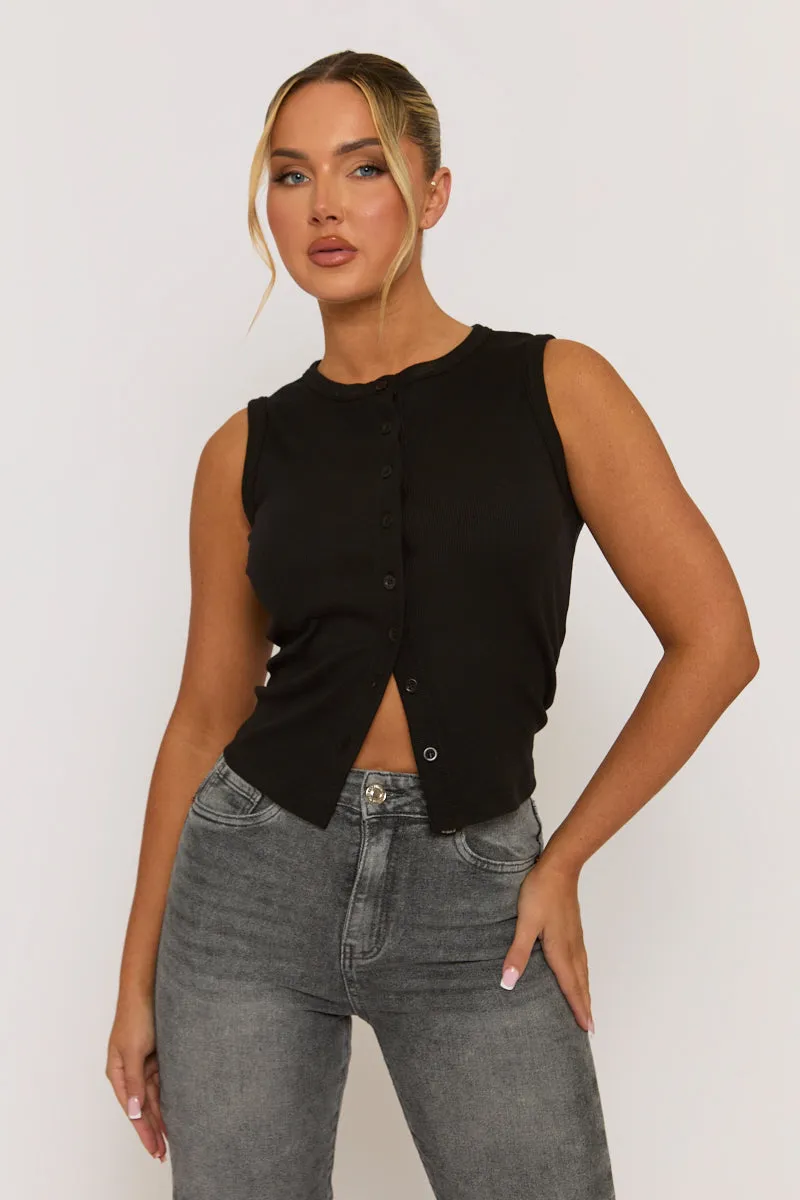 Black Sleeveless Button Up Rib Top - Nikolina sold by Rebellious Fashion