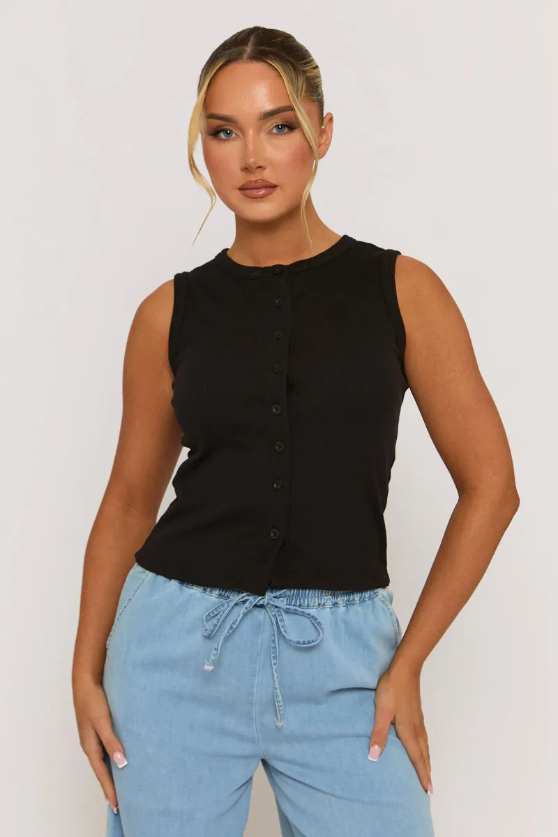 Black Sleeveless Button Up Rib Top - Nikolina sold by Rebellious Fashion product image thumbnail 3
