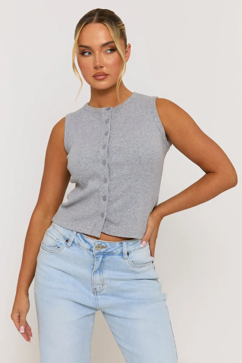 Grey Sleeveless Button Up Rib Top - Nikolina sold by Rebellious Fashion product image thumbnail 4