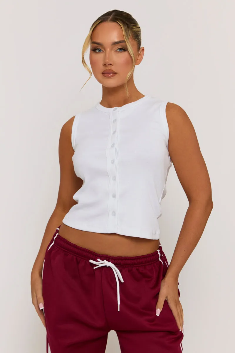 White Sleeveless Button Up Rib Top - Nikolina sold by Rebellious Fashion