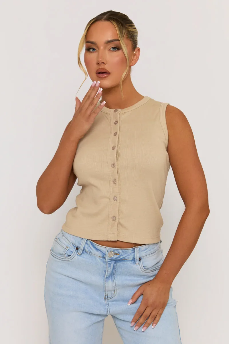Beige Sleeve Button Up Rib Top - Nikolina sold by Rebellious Fashion