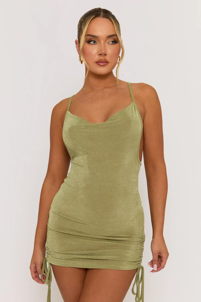 Green Cowl Ruched Side Mini Dress - Marfa sold by Rebellious Fashion