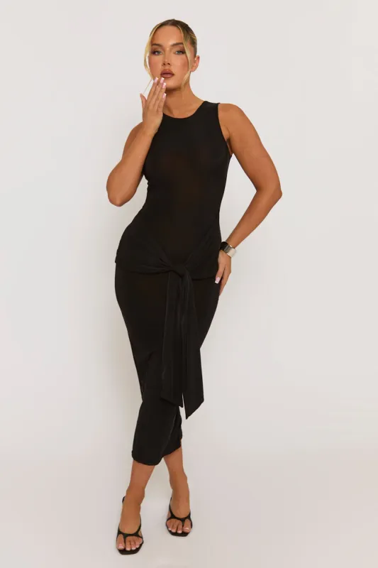 Black Slinky Racer Neck Tie Front Midaxi Dress - Azalaya sold by Rebellious Fashion