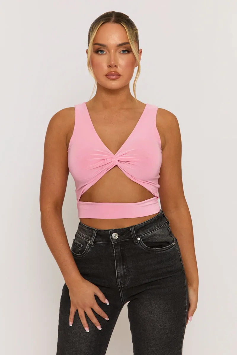 Pink Twist Front Cut Out Crop Top - Joyce sold by Rebellious Fashion