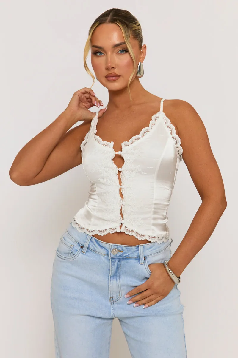 Ivory Satin Lace Trim Button Down Cami - Sanya sold by Rebellious Fashion