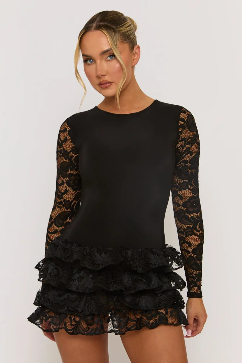 Black Ruffle Lace Mini Dress - Brilliana sold by Rebellious Fashion product image thumbnail 2