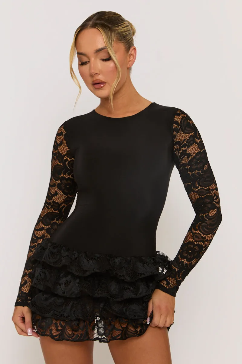 Black Ruffle Lace Mini Dress - Brilliana sold by Rebellious Fashion product image thumbnail 3