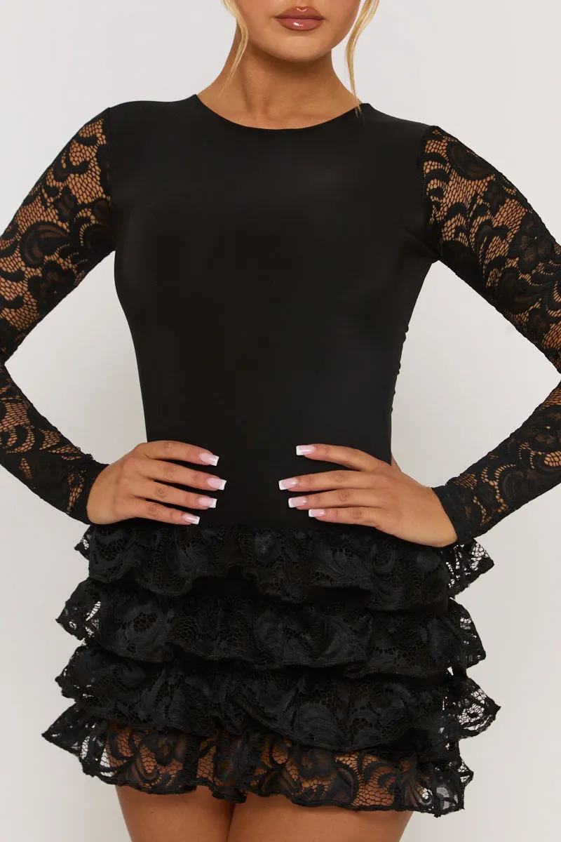 Black Ruffle Lace Mini Dress - Brilliana sold by Rebellious Fashion product image thumbnail 4