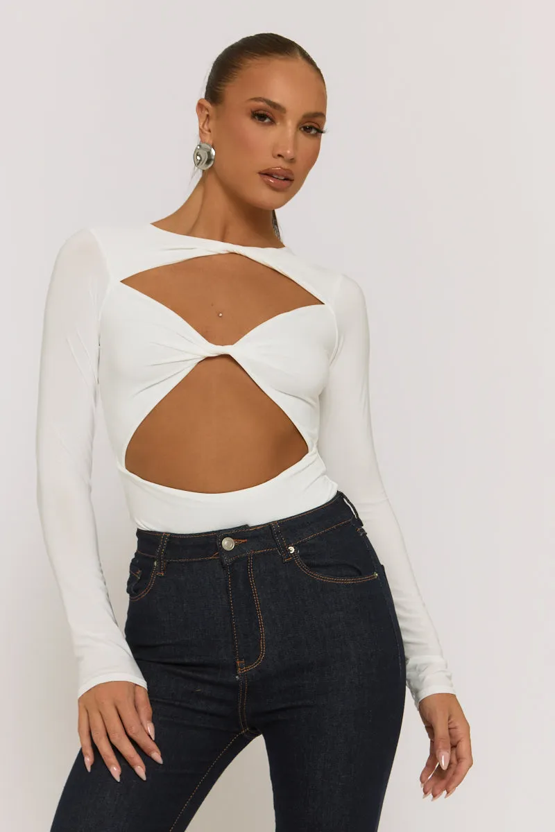 Ivory Cut Out Twist Front Bodysuit - Raisa sold by Rebellious Fashion