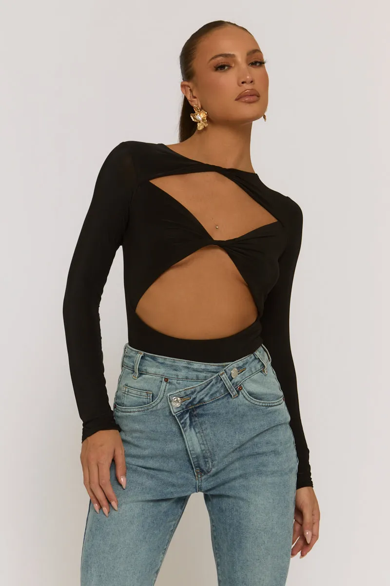 Black Cut Out Twist Front Bodysuit - Raisa sold by Rebellious Fashion